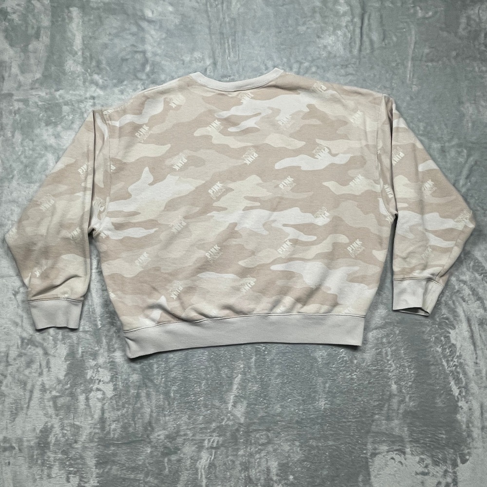 Pink Victoria's Secret Sweatshirt Women Medium Tan Camo Logo Crewneck Pullover - Picture 9 of 9